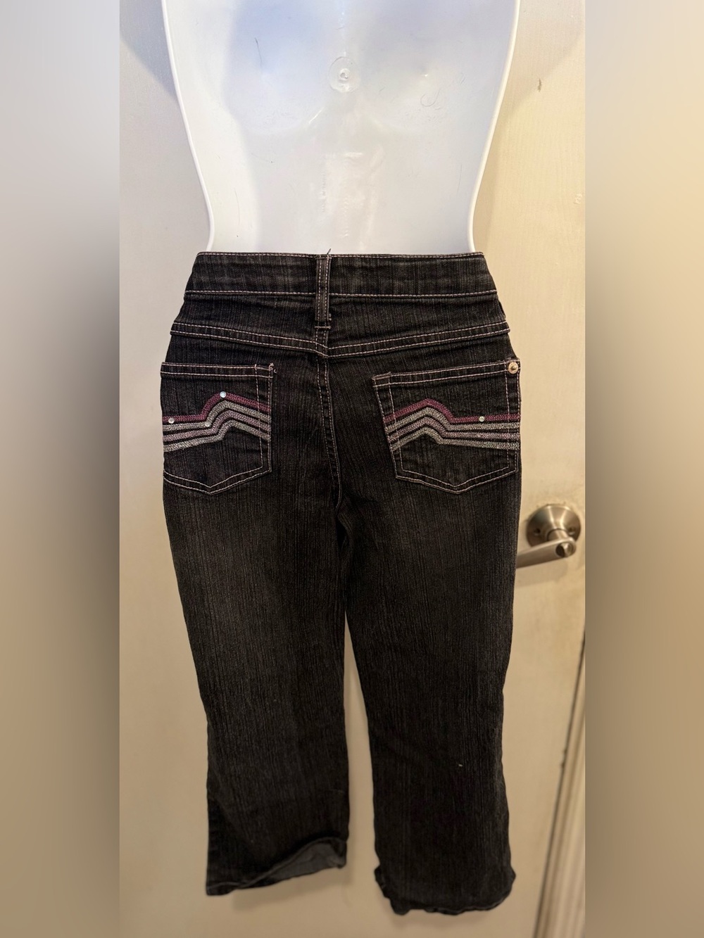 Y2K Dark Wash Capri Jeans Girls Size 16 Pink Contrast Stitching